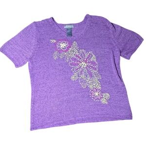 Vintage‎ Purple Floral Embellished Knit Top Short Sleeve M cottage granny core